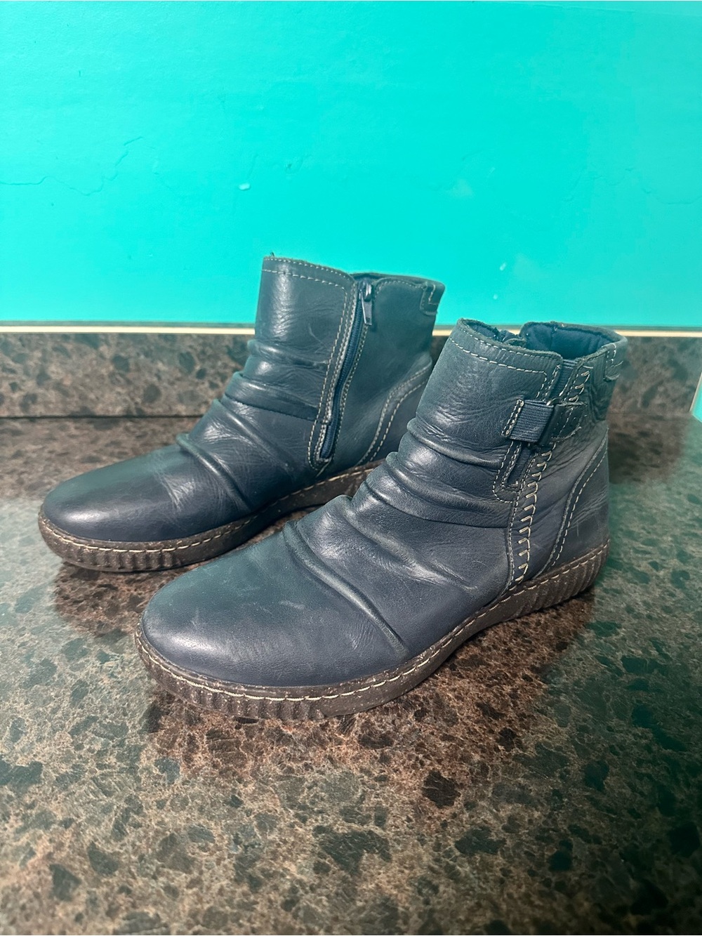 Clark’s Ruched Women's Navy Leather Ankle Boots - Casual Zip Side Booties